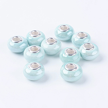 Honeyhandy Rondelle Turquoise Handmade Porcelain Large Hole European Beads, with Silver Color Brass Double Cores, 15x11mm, Hole: 5mm