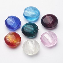 ARRICRAFT Handmade Silver Foil Glass Beads, Flat Round, Mixed Color, about 20mm in diameter, 10mm thick, hole: 2mm