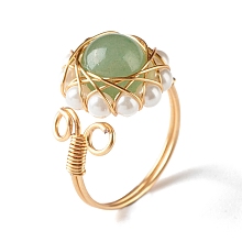 Honeyhandy Natural Green Aventurine Finger Ring for Girl Women, Round Shell Pearl Beads Ring, Brass Wire Wrap Ring, Golden, US Size 7 3/4(17.9mm)