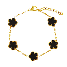 Honeyhandy Acrylic Flower Link Chain Bracelet, Real 18K Gold Plated Stainless Steel Bracelet, Black, 6-3/4 inch(17cm)