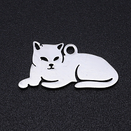 Honeyhandy 201 Stainless Steel Kitten Pendants, Laser Cut, Lying Cat Shape, Stainless Steel Color, 9.5x19x1mm, Hole: 1.2mm