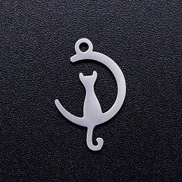 Honeyhandy 201 Stainless Steel Kitten Pendants, Laser Cut, Cat on the Crescent Moon Shape, Stainless Steel Color, 17.5x11x1mm, Hole: 1.5mm