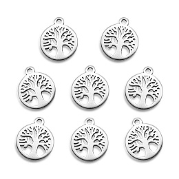 Honeyhandy 304 Stainless Steel Charms, Laser Cut, Flat Round with Tree, Stainless Steel Color, 12x10x1mm, Hole: 1.2mm