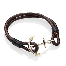 Honeyhandy Alloy Bracelets, Cowhide Leather Cord with Waxed Cotton Cord, Anchor & Helm, Silver Color Plated, 190mm