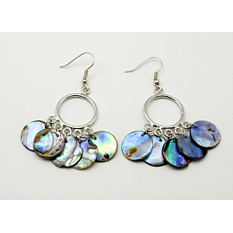 Honeyhandy Natural Abalone Shell/Paua ShellChandelier Earrings, with Brass Earring Hooks, Colorful, Size: about 31mm wide, 60mm long, 3.8mm thick, hook: 17mm long