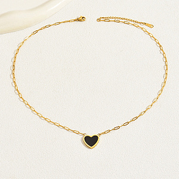 Honeyhandy Natural Shell Heart Pendant Necklaces with Golden Stainless Steel Paperclip Chains, Black, 18.11 inch(46cm)