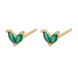 Honeyhandy Golden 925 Sterling Silver Micro Pave Cubic Zirconia Stud Earrings, Leaf, Dark Green, 5.5mm