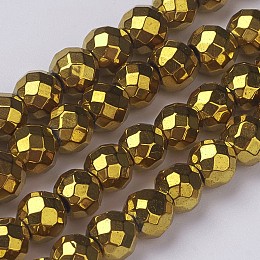 Honeyhandy Non-Magnetic Synthetic Hematite Beads Strands, Vacuum Plating, Faceted(64 Facets), Round, Golden Plated, Gold, 6mm, Hole: 1.5mm