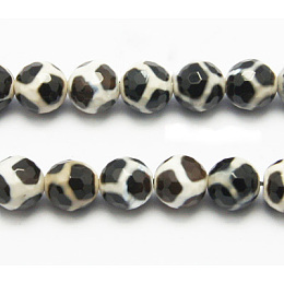 Honeyhandy Tibetan Style Turtle Back Pattern dZi Beads, Natural Agate, Giraffe Skin Agate, Dyed, Faceted Round, 8mm, Hole: 1mm, about 48pcs/strand, 15 inch