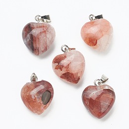 Honeyhandy Natural Ferruginous Quartz/Hematoid Quartz Pendants, with Platinum Brass Loops, Heart, 18~19x15~15.5x7.5~10mm, Hole: 6x2.5~3mm