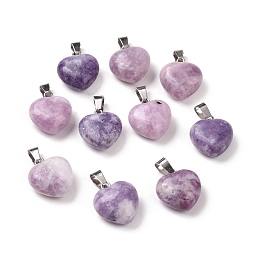 Honeyhandy Natural Lilac Jade Pendants, with Platinum Brass Loops, Heart, 18~19x15~15.5x7.5~10mm, Hole: 4x7mm