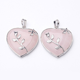 Honeyhandy Heart Natural Rose Quartz Pendants, with Platinum Plated Brass Pendant Settings, 42~46x31~33mm, Hole: 6mm