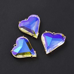 Brass Cubic Zirconia Pendants, Heart Charm, Light Gold, Colorful, 27x26x7mm, Hole: 2mm