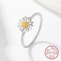 Honeyhandy Anti-Tarnish Rhodium Plated 925 Sterling Silver Daisy Flower Finger Ring for Women, with 925 Stamp, Platinum, US Size 6(16.5mm)