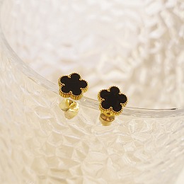 Honeyhandy Golden 304 Stainless Steel Flower Stud Earrings with Natural Shell, Black, 9mm