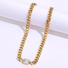 Honeyhandy Cubic Zirconia Rectangle Pendant Necklace, with Golden Stainless Steel Cuban Link Chains, Clear, 18.90 inch(48cm)