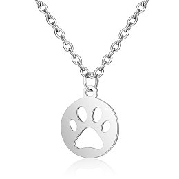 Honeyhandy 201 Stainless Steel Pendants Necklaces, Flat Round with Dog's Paw, Stainless Steel Color, 16.3 inch(40cm)x1mm