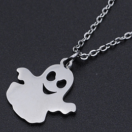 Honeyhandy For Halloween, 201 Stainless Steel Pendant Necklaces, with Cable Chains and Lobster Claw Clasps, Ghost, Stainless Steel Color, 15.74 inch(40cm), 1.5mm