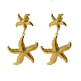 Honeyhandy 304 Stainless Steel Dangle Stud Earrings, Starfish, Real 18K Gold Plated, 56x31mm