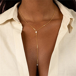 Honeyhandy Stainless Steel Cable Chains Lariat Necklace, with Plastic Pearl Beaded, Golden, 16.54 inch(42cm)