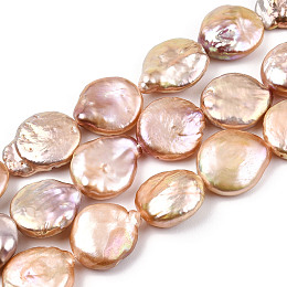 Natural Keshi Pearl Beads Strands, Cultured Freshwater Pearl, Baroque Pearls, Flat Round, Light Salmon, 13~16.5x12~13.5x3.5~9mm, Hole: 0.6mm, about 26pcs/strand, 14.69~14.76 inch(37.3~37.5cm)