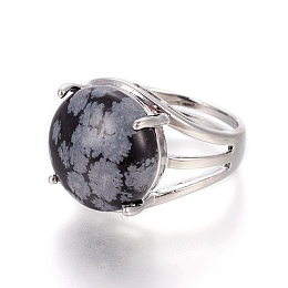 Honeyhandy Adjustable Natural Snowflake Obsidian Finger Rings, with Platinum Brass Findings, Half Round, 17.5~18mm