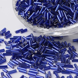 Honeyhandy Silver Lined Glass Bugle Beads, Round Hole, Royal Blue, 6~7x1.5~2mm, Hole: 0.5mm, about 12500pcs/bag