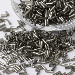 Honeyhandy Silver Lined Glass Bugle Beads, Round Hole, Gray, 6~7x1.5~2mm, Hole: 0.5mm, about 12500pcs/bag