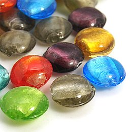 NBEADS 200pcs Handmade Silver Foil Glass Beads, Flat Round, Mixed Color