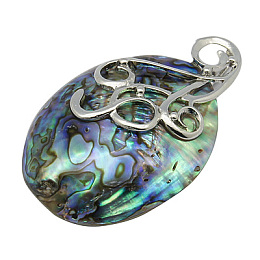 Honeyhandy Paua Shell Big Pendants, with Brass Pendant Setting, Nickel Metal Color, Colorful, 59~75x34~40x12mm, Hole: 4.5mm