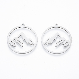 Honeyhandy 201 Stainless Steel Pendants, Ring with Mountain, Stainless Steel Color, 27.5x26x1mm, Hole: 1.4mm