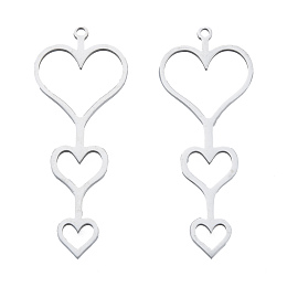 Honeyhandy 201 Stainless Steel Pendants, Three Heart Charm, Stainless Steel Color, 44.5x17.5x1mm, Hole: 1.5mm