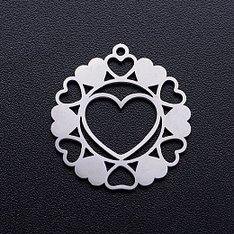 Honeyhandy 201 Stainless Steel Pendants, Flower with Heart, Stainless Steel Color, 21x20x1mm, Hole: 1.2mm