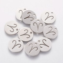 Honeyhandy 304 Stainless Steel Charms, Flat Round with Constellation/Zodiac Sign, Stainless Steel Color, 12x1mm, Hole: 1mm