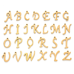 Honeyhandy Vacuum Plating 201 Stainless Steel Charms, Alphabet, Laser Cut, Golden, Letter A~Z, 10~14.5x4~14x1mm, Hole: 1mm, 26pcs/set.