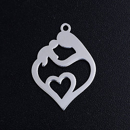 Honeyhandy 201 Stainless Steel Pendants, Heart with Mother and Child, For Mother's Day, Stainless Steel Color, 24x17x1mm, Hole: 1.5mm