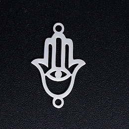 Honeyhandy 201 Stainless Steel Links connectors, Hamsa Hand/Hand of Fatima/Hand of Miriam with Eye, Stainless Steel Color, 19.5x12.5x1mm, Hole: 1.4mm