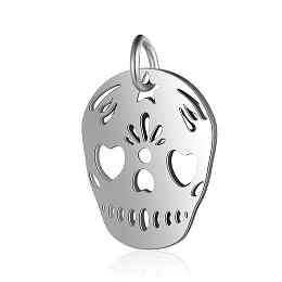 Honeyhandy 201 Stainless Steel Pendants, Sugar Skull, For Mexico Holiday Day of the Dead, Stainless Steel Color, 18x14x1mm, Hole: 3mm