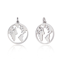 201 Stainless Steel Pendants, Ring with Map, Stainless Steel Color, 20x17.5x1mm, Hole: 3mm