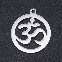 Honeyhandy Chakra Theme, 201 Stainless Steel Laser Cut Pendants, Ring with Aum/Om Symbol, Stainless Steel Color, 20x17.5x1mm, Hole: 1.4mm