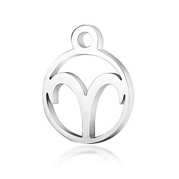 Honeyhandy 201 Stainless Steel Charms, Flat Round with Constellation, Stainless Steel Color, Aries, 13.4x10.8x1mm, Hole: 1.5mm