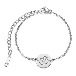 Honeyhandy 201 Stainless Steel Link Bracelets, with Cable Chains and Lobster Claw Clasps, Flat Round with Om Symbol, Stainless Steel Color, 6 inch~6-3/4 inch(15~17.5cm), 1.5mm