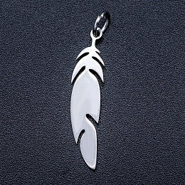 Honeyhandy 201 Stainless Steel Pendants, Stamping Blank Charms, with Unsoldered Jump Rings, Feather, Stainless Steel Color, 26x6x1mm, Hole: 3mm, Jump Ring: 5x0.8mm