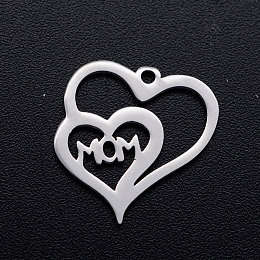 Honeyhandy 201 Stainless Steel Charms, Heart with Word Mom, for Mother's Day, Stainless Steel Color, 15x15x1mm, Hole: 1.2mm