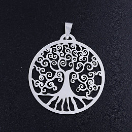 Honeyhandy 201 Stainless Steel Pendants, Flat Round with Tree, Stainless Steel Color, 32x29.5x1mm, Hole: 5x3mm