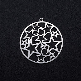 Honeyhandy 201 Stainless Steel Filigree Charms, Flat Round with Star, Stainless Steel Color, 32x30x1mm, Hole: 1.6mm