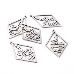 Honeyhandy 201 Stainless Steel Pendants, Laser Cut, Rhombus with Snake, Stainless Steel Color, 41.5x25x1mm, Hole: 1.5mm