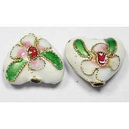 Honeyhandy Handmade Cloisonne Beads, Heart, White, 12mm, Hole:2mm