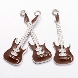 Honeyhandy Alloy Enamel Pendants, Guitar, Lead Free and Cadmium Free, Coffee, Platinum, about 62mm long, 18.5mm wide, 2mm, thick, hole: 3mm