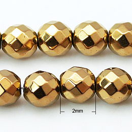 Honeyhandy Non-magnetic Synthetic Hematite Beads Strands, Faceted, Round, Golden Plated, Gold, 2mm, Hole: 1mm, about 203pcs/strand, 15.7 inch